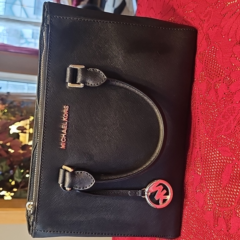 Michael Kors Black Kellen MD Satchel with Gold Accents